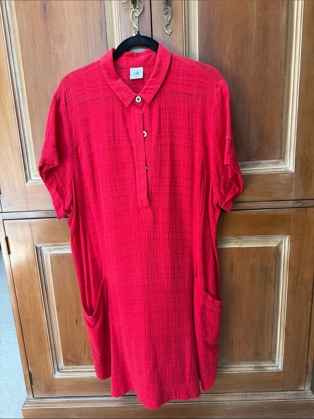CAbi Bright Red Casual Button-Down Short Sleeve Shirt Dress